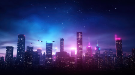 A stunning digital artwork showcasing a futuristic city skyline at night, illuminated by neon lights and a starry sky. The image captures the essence of a modern metropolis.の素材