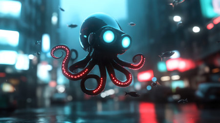 A captivating digital artwork featuring a stylized octopus with glowing eyes and tentacles, set against a vibrant, futuristic cityscape with neon lights.の素材