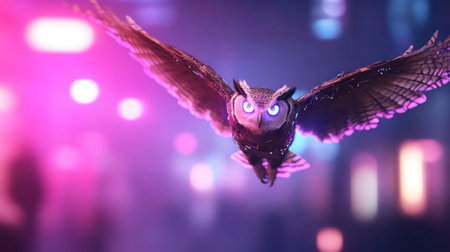 An owl in flight with a vibrant purple and pink background, creating a magical atmosphere.の素材
