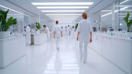 A bright, sterile laboratory setting with people in white uniforms, suggesting a focus on science or research.の素材