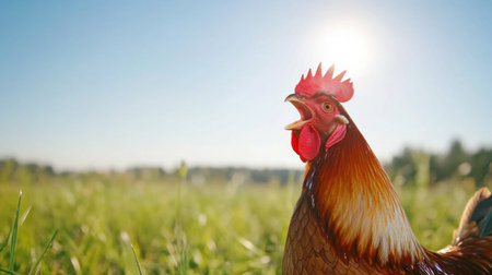A stunning shot of a rooster, its vibrant plumage contrasting against a bright sunny sky, set in a lush green field.の素材