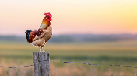 A rooster stands proudly on a wooden post, silhouetted against a colorful sunrise.の素材
