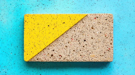 A rectangular block with a yellow and beige textured surface, placed on a vibrant blue background.の素材
