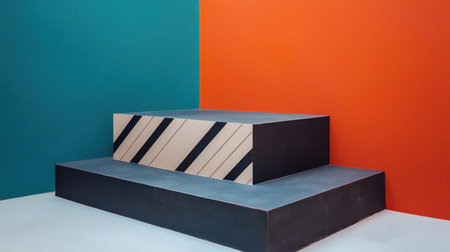 A minimalist composition featuring a wooden platform against a backdrop of blue and orange walls, creating a visually striking contrast.の素材