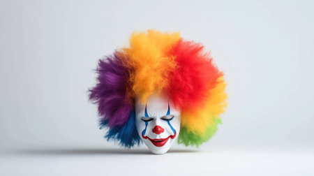 A close-up shot of a clowns face with a vibrant, rainbow-colored wig. The clown has a painted smile and makeup.の素材