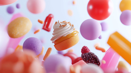 A vibrant and playful image showcasing an array of floating desserts, including cupcakes, candies, and colorful spheres, creating a whimsical and appetizing scene.の素材