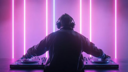 A DJ is seen from behind, mixing music on a turntable with a vibrant neon light backdrop.の素材
