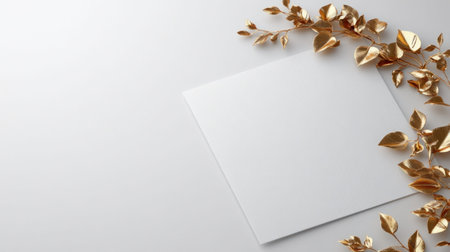 A minimalist composition featuring a white card surrounded by golden leaves, perfect for invitations or announcements.の素材