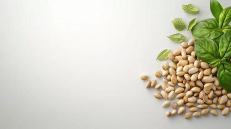 A close-up shot of fresh basil leaves and beans on a white surface, perfect for culinary or health-related projects.の素材
