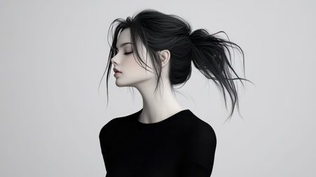 A grayscale portrait of a woman with dark hair in a ponytail, wearing a black sweater, with a focused expression.の素材