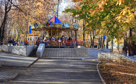 Ufa, Russia October 13, 2021 - Children's carousel in Yakutov Park in Ufa, Republic of Bashkortostanのeditorial素材