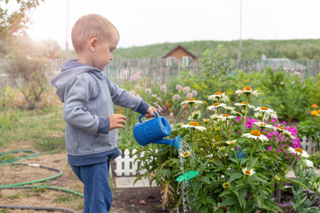 Cute little boy watering flowers with a baby watering can in the garden. Summer outdoor activity for children.の写真素材