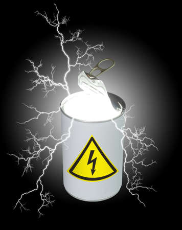 Composite image of a food can, half opened, containing light and electricity, and displaying a yellow high-voltage symbol on the label   See my other images for solo can の写真素材