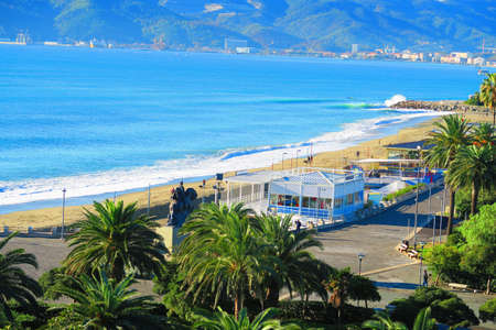 View of the promenade and the beach of Savona,Liguria,Italyの写真素材