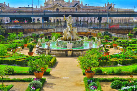Genova,Italy,10 april 2016.Neptune's fountain in the gardens of the Prince's Palace (or Palazzo Andrea Doria), strictly private residence of Admiral Andrea Doria Prince. The palace was built in 1530 and adorned with these beautiful italian gardens. The foのeditorial素材