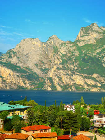 View of Lake Garda from Torbole, Trentino, Italyの写真素材