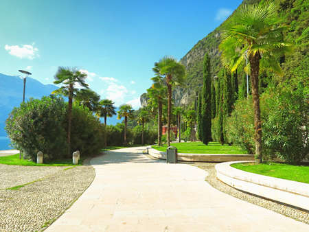 View of the lakefront in Riva del Garda, Trentino, Italyの写真素材