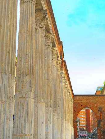 Milan,Italy,19 june 2016.Columns of San Lorenzo are ancient ruins of the late Roman period of Milan located in front of the basilica of San Lorenzo.のeditorial素材
