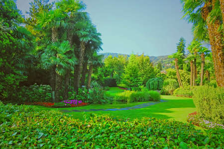 Beautiful park in the town of Stresa on the shores of Lake Maggiore in the Piedmont region of northern Italy.の写真素材