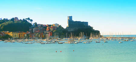 View of the port, the castle and the center of Lerici, Liguria, Italyのeditorial素材