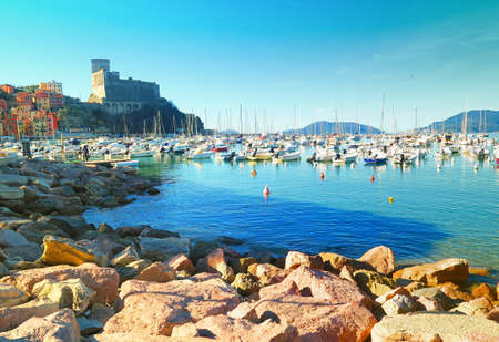 View of the port, the castle and the center of Lerici, Liguria, Italyのeditorial素材