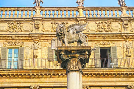Verona,Italy,12 march 2017. Column of San Marco (XVI century) in Piazza delle Erbe, Verona, Italy, symbol of the Venetian Republicのeditorial素材
