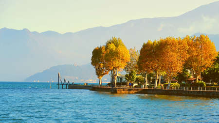 View of Lake Iseo(Brescia,north of Italy) in autumn.の写真素材