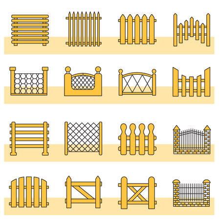 Vector illustration set of different fences line style white and yellow color. gate, fence, door entrance, stop sign.のイラスト素材