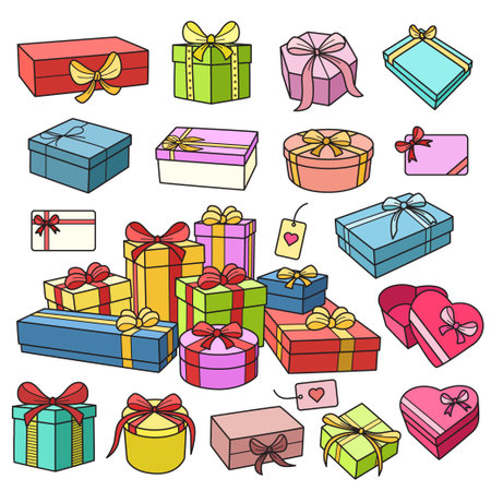 Gift box colorful vector graphics elements doodle setのイラスト素材