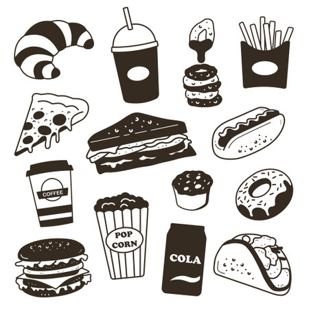 Various fast food doodle silhouetteのイラスト素材