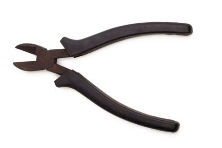 Old rusty pliers, isolated on white background, top view