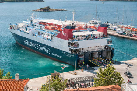 Skiathos, Greece. 15 June 2018: Helenic seaways ferry disembarks passengers and vehicles at Skiathos harbourのeditorial素材