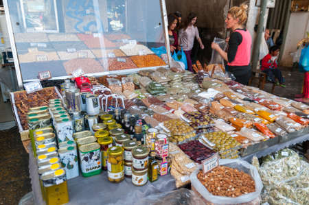 Athens, Greece - 29 April 2018: Herbs and olives for sale at the famous Greek market in Athens, Greeceのeditorial素材