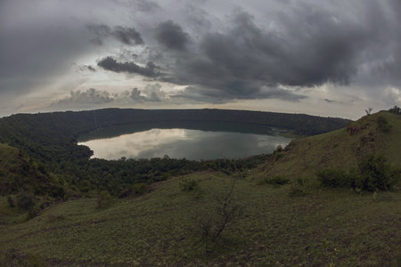 Lonar Lake National Geo-heritage Monument crater full rim view at Buldhana district, Maharashtra INDIAのeditorial素材