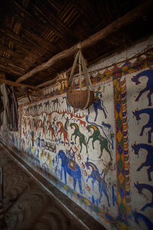 26-Nov-2006 Rathwa tribeâs Pithora painting with mud floring and threshed roof Champaner , Pawagadh a UNESCO world Heritage site Panchmahal district Gujarat , Indiaのeditorial素材