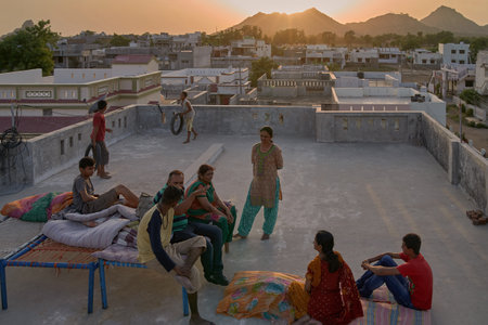 07 Apr 20015 sun set time and relaxing on âDhabaâ gujarati word for open taressIdar Sabarkantha North gujarat Indiaのeditorial素材