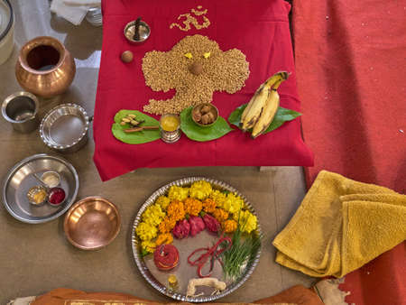 29 Dec 2019 setup for an Indian Gujrati Ganesh Pujan ceremony Kalyan Maharashtra India