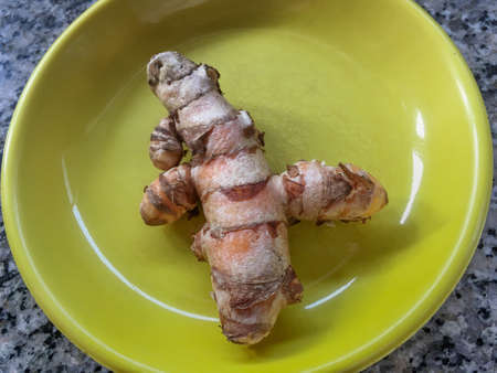 Herbs Amba Haldar (Fresh Turmeric) in yelow plate on a Gray background Kalyan Maharashtra India