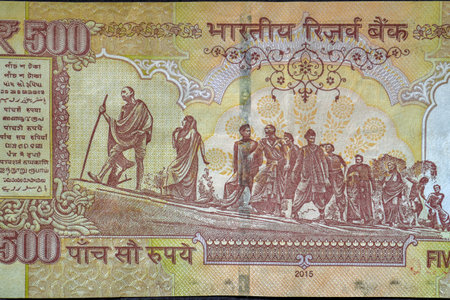 19-03-2019 -Salt March, also known as the Dandi March on Reverse of the 500 Rupee banknote, in India,money closeup macro,-Kalyan near mumbai Maharashtra INDIAのeditorial素材