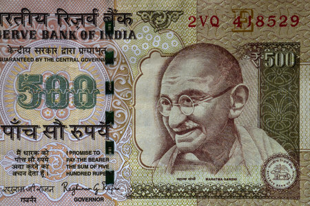 19-03-2019 -Mahatma Gandhi face on indian 500 rupee banknote macro, India money closeup kalyan Near mumbai Maharashtra INDIAのeditorial素材