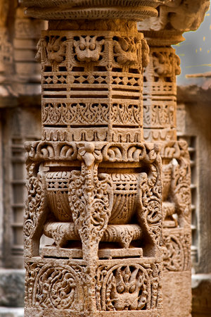27 Jan 2010  stone carving ; underground structure ; step well Rani Ki Vav constructed by Queen Udayamati wife of King Bhimdeva I A.D.1022~1063-Patan north Gujarat Indiaのeditorial素材