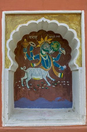28 Oct 2004 Varahavtar or boar third incarnation of Lord Vishnu colourfully painted on wall of Vishnu Narayan temple at top of Parvati ; Pune ; Maharashtra ; Indiaのeditorial素材