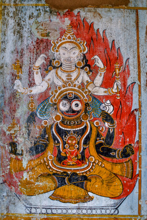 5-Jul-2007-Balram Jaggannath Subadhra in traditional wall painting outside ruler house...
