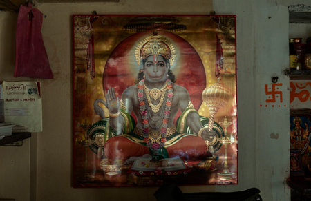 02 Mar 2019 Hanumanâs Painting Hindu Swastika and Om symbol inside Old house Idar Sabarkantha Gujarat Indiaのeditorial素材