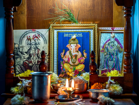 22 Aug 2020  Home temple Puja stuff Lord Ganesh. Lok Gram Kalyan Maharashtra INDIA