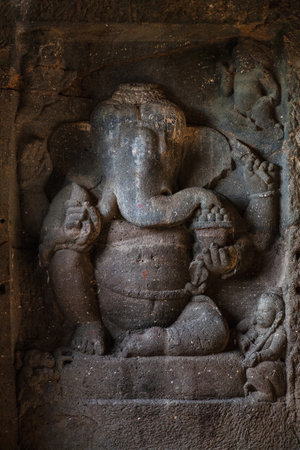 Cave 17 : Ganesa. Northern end of the hall is an image of Lord Ganesha . Ellora Caves. Auarangabad, Maharashtra Indiaのeditorial素材