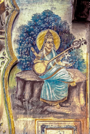 03 Apr 2010 Vintage wall painting Goddess of Knowledge Saraswati Nawalgarh Mandawa Rajasthan Indiaのeditorial素材