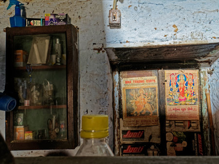 11 May 2019 Unused stuff stored in Corner small rustic wooden almirah in old house Idar Sabarkantha Gujarat Indiaのeditorial素材