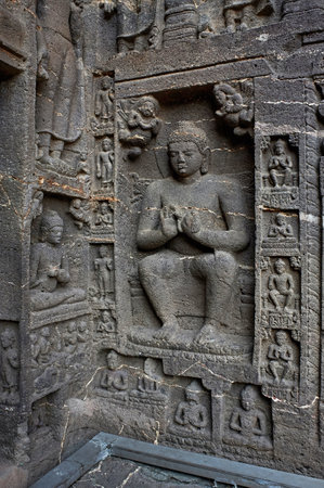 Cave No 19 : Buddha in Pralambapadasana on the right wall of the faÃ§ade of Chaitya, Ajanta Maharashtra.INDIAのeditorial素材