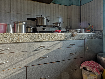04 March 2020  Small House interior showing Kitchen of the middle class in Kalyan Mumbai, Maharashtra, India Asiaのeditorial素材